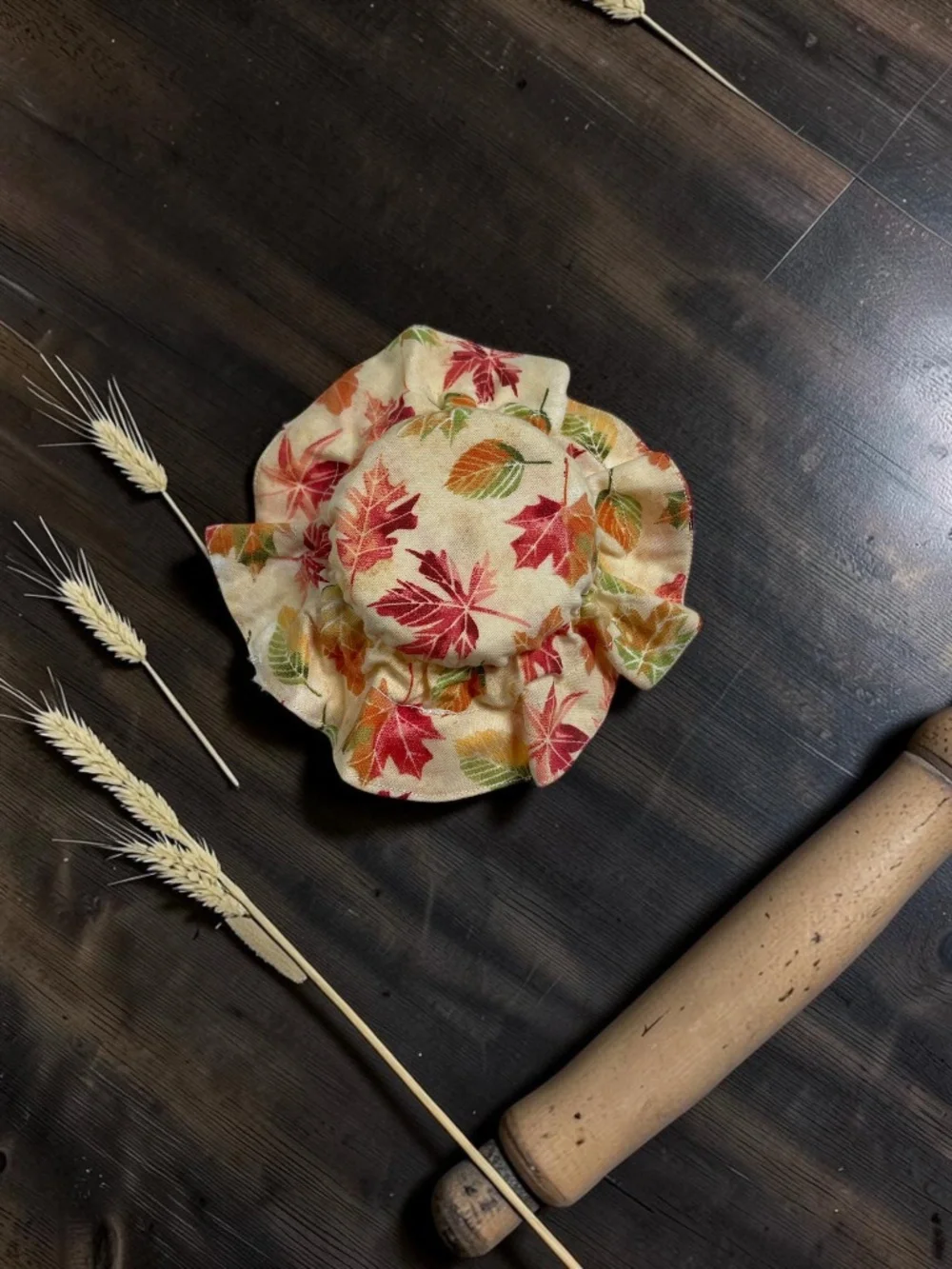 Fall Leaves Cotton Bread Bag with Matching Mason Jar Bonnet & Tea Towel